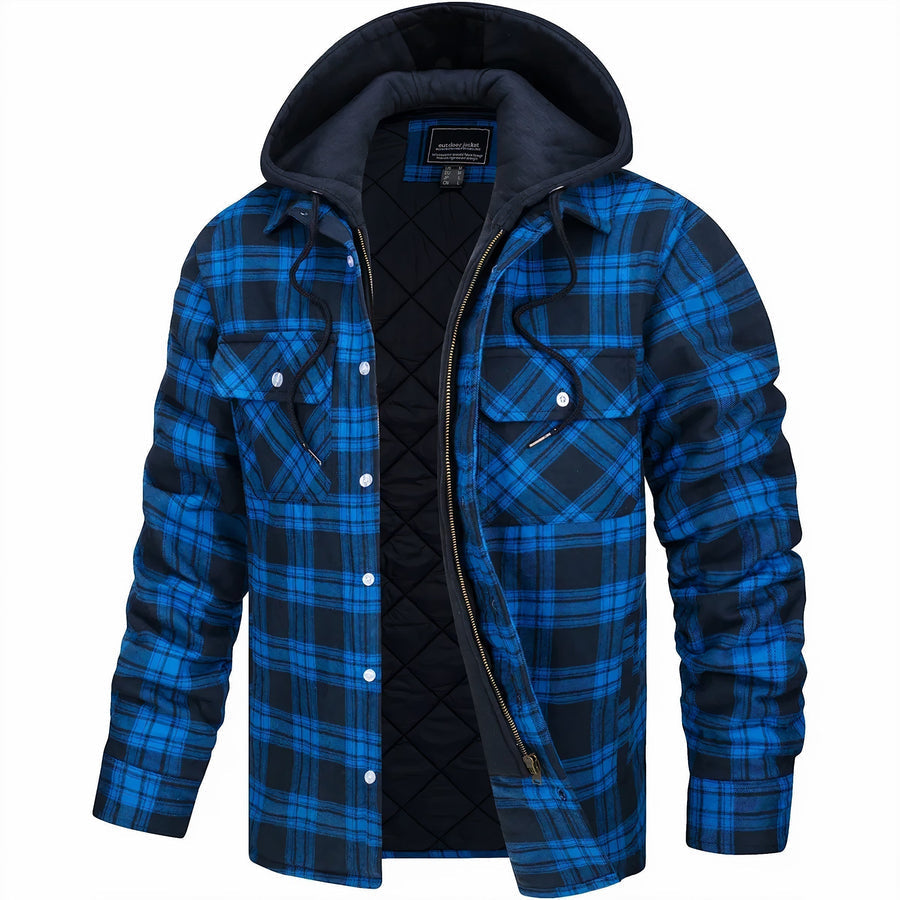 Optew Men’s Quilted Plaid Hooded Jacket