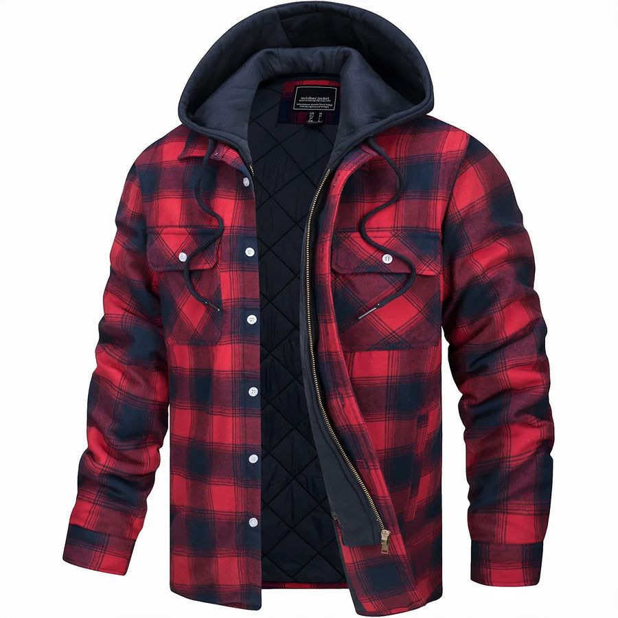Optew Men’s Quilted Plaid Hooded Jacket