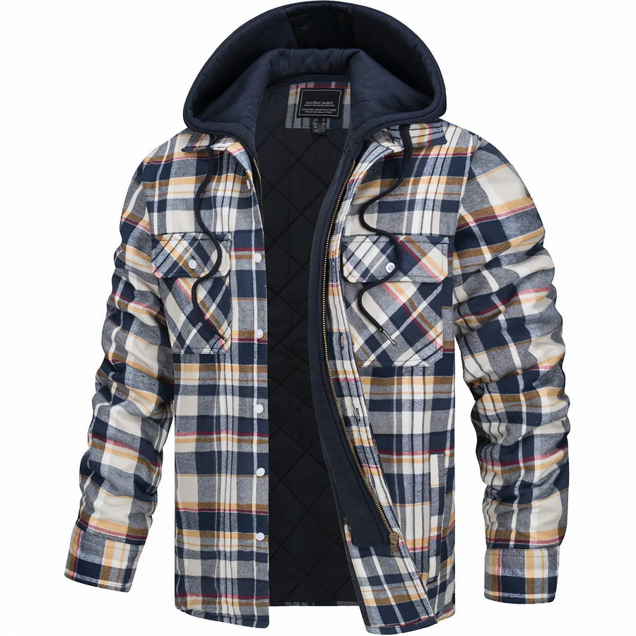 Optew Men’s Quilted Plaid Hooded Jacket