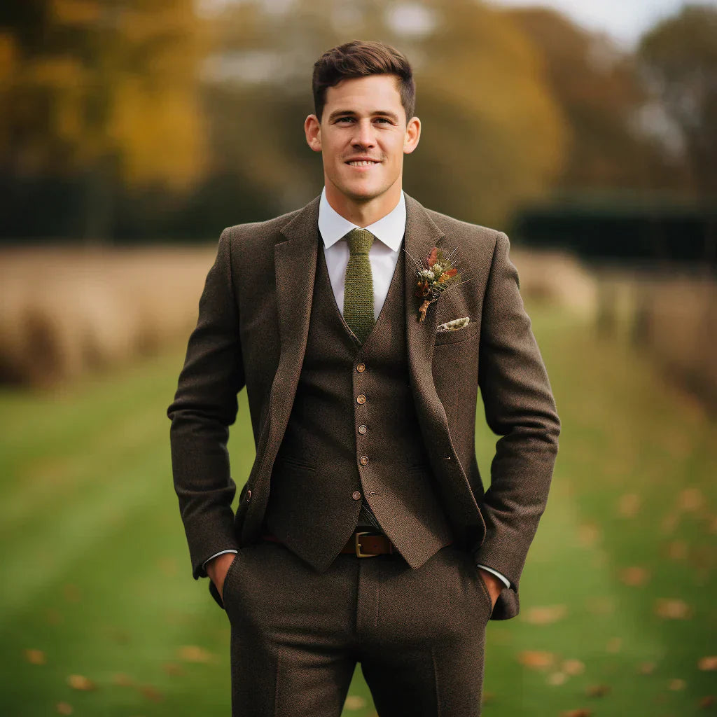 Optew Men's Wedding Three-Piece Suit Olive Green Wool Blend