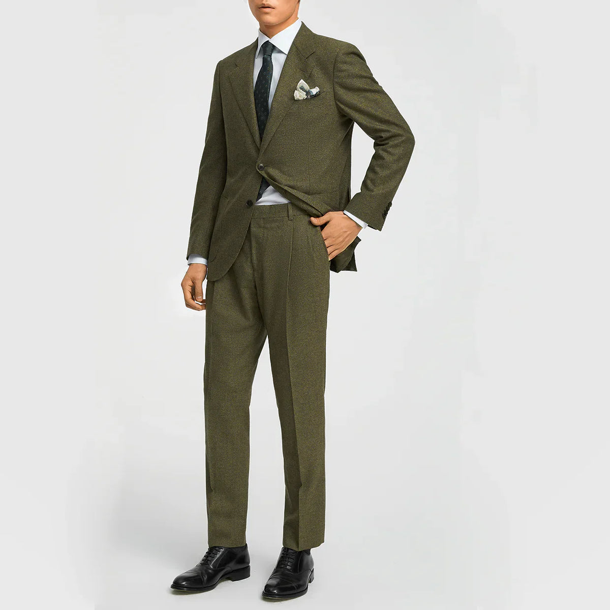 Optew Men's Wedding Three-Piece Suit Olive Green Wool Blend