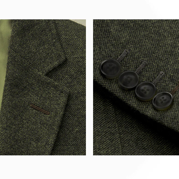 Optew Men's Wedding Three-Piece Suit Olive Green Wool Blend