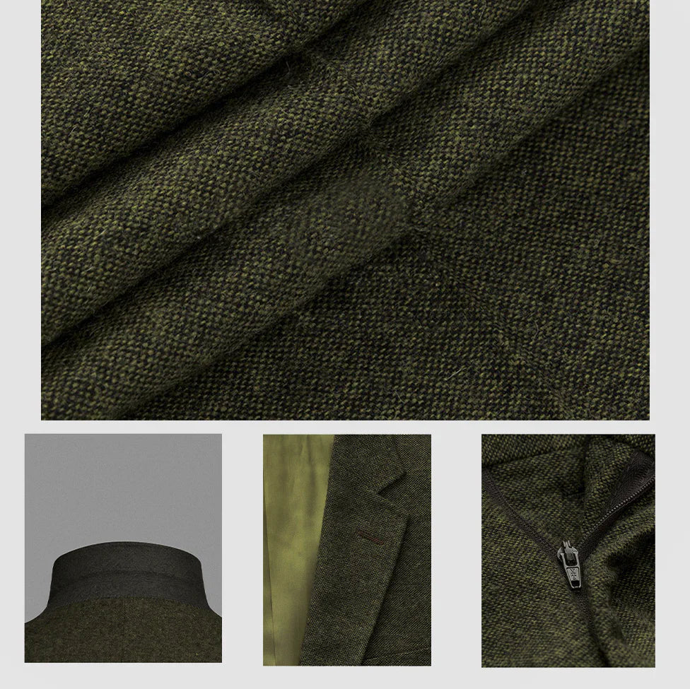 Optew Men's Wedding Three-Piece Suit Olive Green Wool Blend