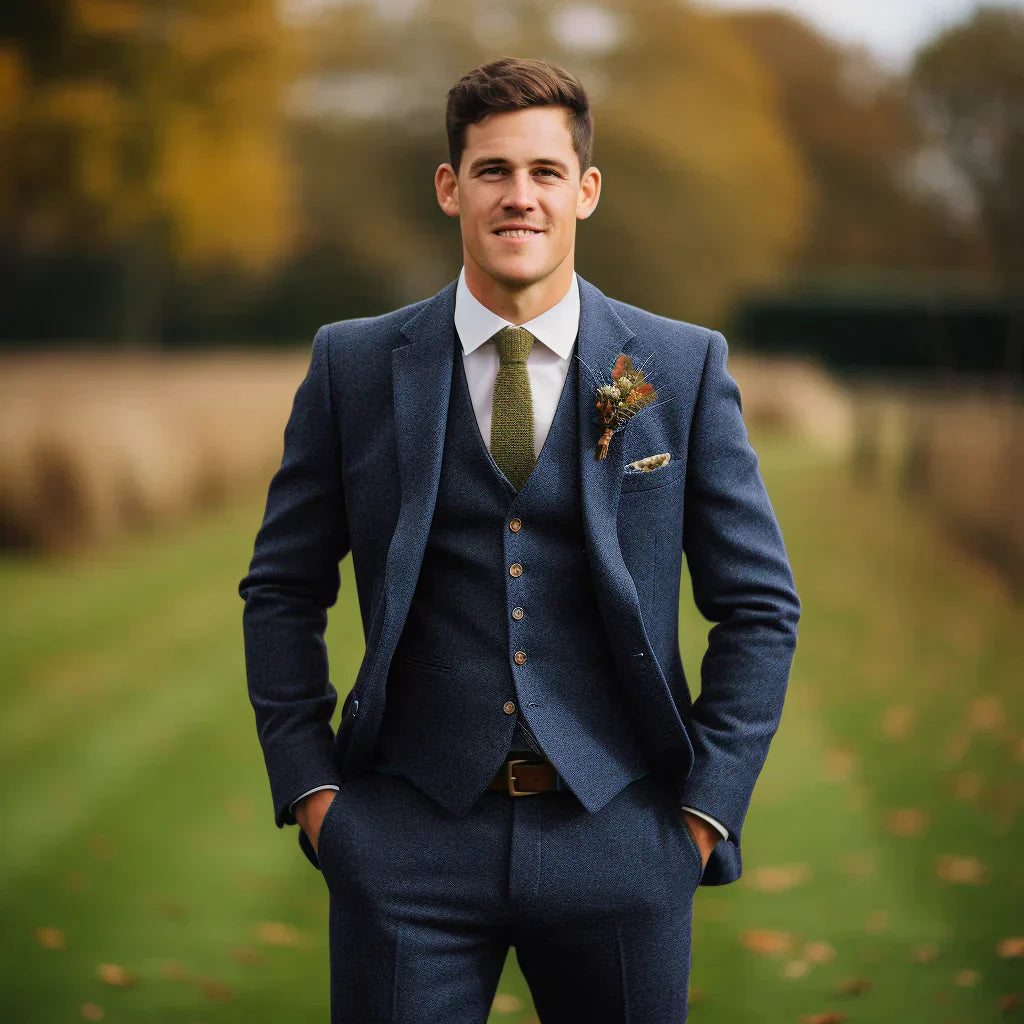 Optew Men's Wedding Three-Piece Suit Olive Green Wool Blend