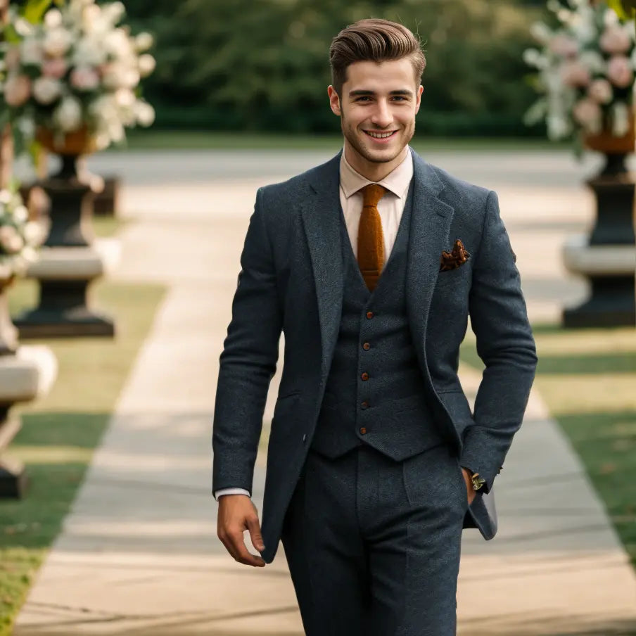 Optew Men Wedding Three‑piece Suit Tweed Wool Blend
