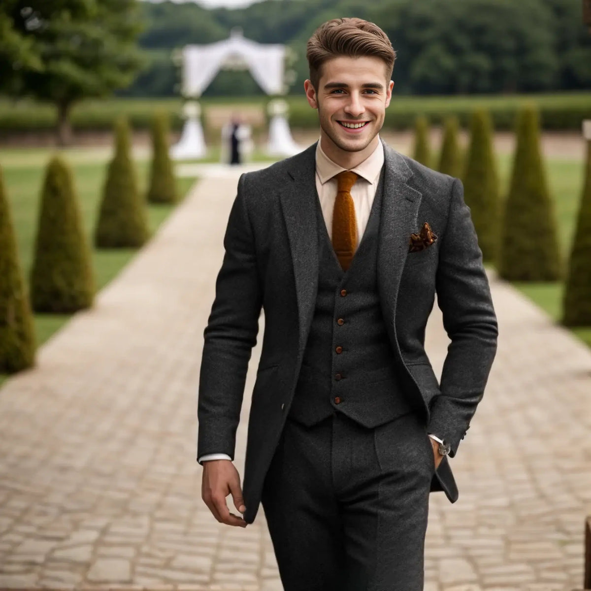 Optew Men Wedding Three‑piece Suit Tweed Wool Blend