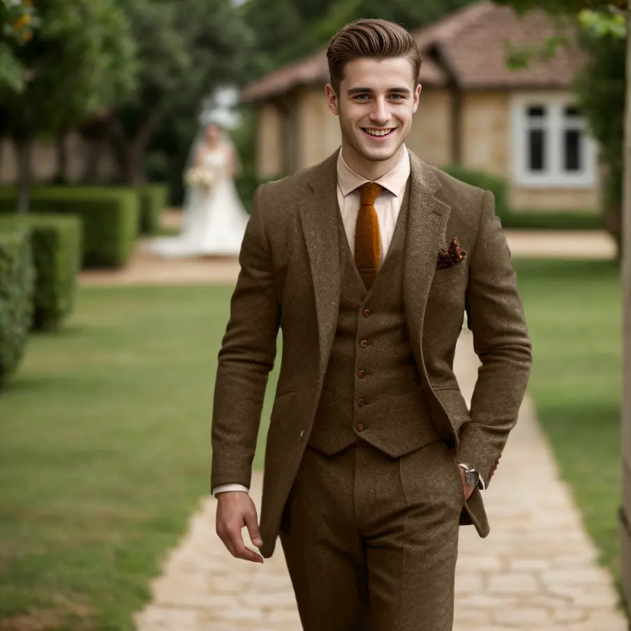 Optew Men Wedding Three‑piece Suit Tweed Wool Blend