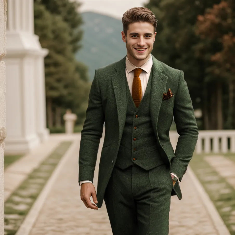 Optew Men Wedding Three‑piece Suit Tweed Wool Blend