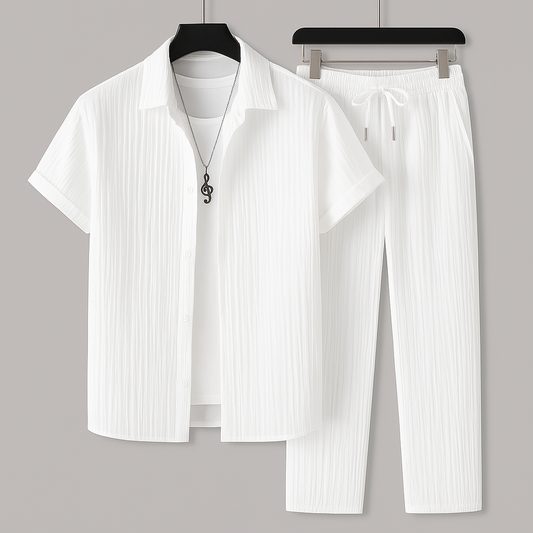 Optew Men Summer Two-Piece Set Pleated Synthetic